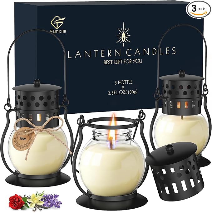 Scented Candles Gift Set - 3 Pack Candles for Home Scented Retro Lantern, Fall Candle Set Perfect for Women, Birthday, Yoga, Weddings, Christmas - Soy Wax Candle Vanilla, Rose, Lavender
