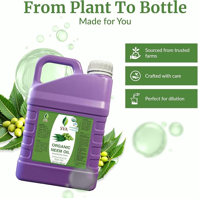 SVA Neem Seed Oil Organic - 32 Fl Oz – 100% Natural Cold Pressed Organic Neem Oil - for Face, Skin Care, Hair Care, Scalp Massage & Body Massage – Carrier Oil with Dropper
