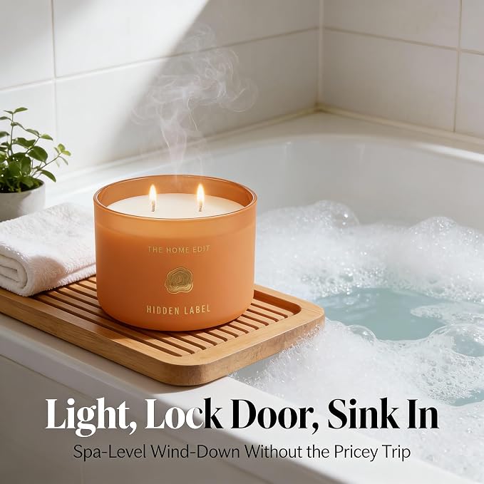 Hidden Label Teakwood Amber Soy Candle, 10oz 2-Wick, 45H Woody Warmth | Non-Toxic Phthalate-Free Vegan Wax | Earthy Amber Cedar Musk | Even Melt No Tunneling | Home Office Living Room Gift for Men
