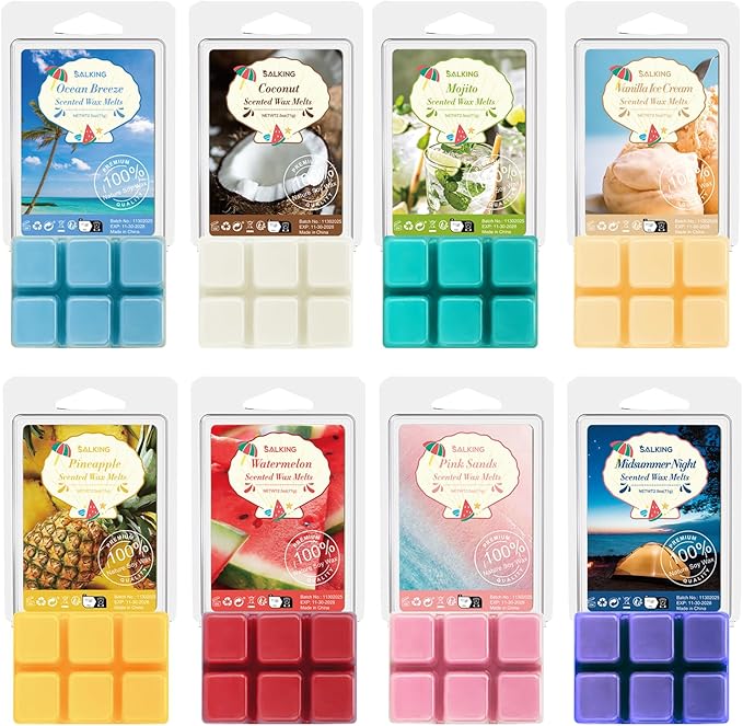 Summer Scented Wax Melts, Soy Wax Melts Gift Set, Wax Cubes/Tarts for Warmer - Ocean Breeze, Coconut, Mojito, Vanilla Ice Cream, Pineapple, Watermelon, Pink Sands, Night, 8x2.6 oz
