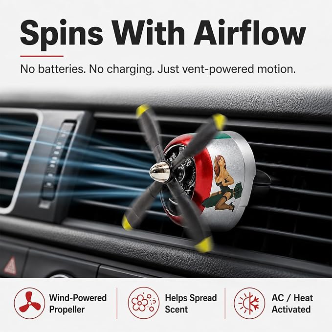 P-47 Inspired Car Vent Air Freshener 2 Pack with 2 Refill Pads, Vintage Side Graphic Airplane Propeller Diffusers, No Batteries Needed, Car Accessories for Men(P47-VG-SLV-2SET)