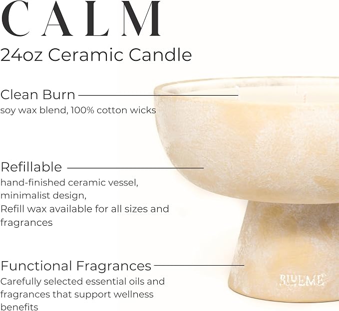 Blueme Calm Candle | Osmanthus & Sandalwood | 5 Wick - Refillable Wellness Candle with Essential Oils, Hand Finished & Poured Soy Wax Blend Ceramic Vessel, Natural Cotton Wicks | Large 24 oz