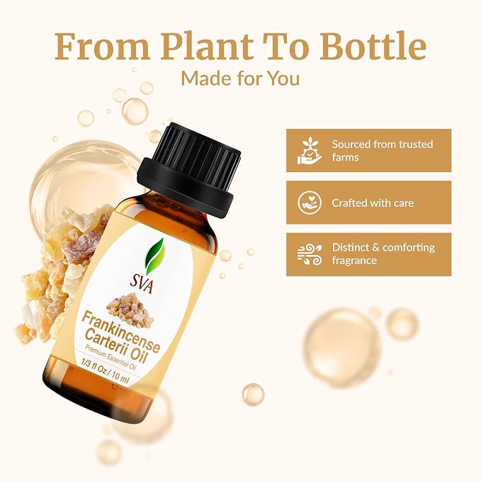 SVA Frankincense Essential Oil – 1/3 Fl Oz – 100% Natural Boswellia Carterii Oil - for Diffuser, Hair Care, Face, Skin Care, Aromatherapy, Scalp and Body Massage, Soap and Candle Making