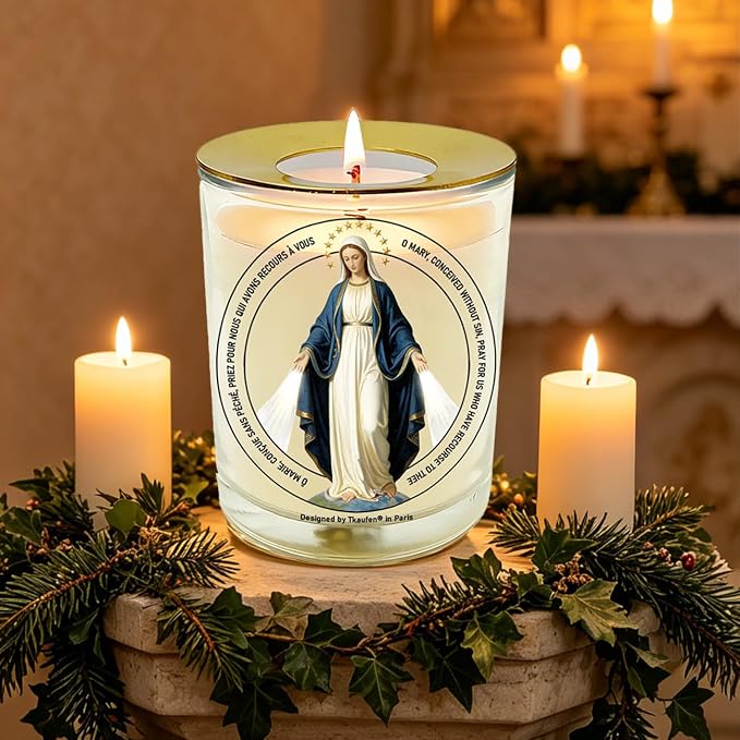 Our Lady of Miraculous Mother (Virgen de la Milagrosa) Devotional Candle 50 Hours│Hand-Poured Natural Soy Wax│Immaculate Conception, Mediatrix of Grace, Devotion, Intimately United with Jesus│3“×3.6”