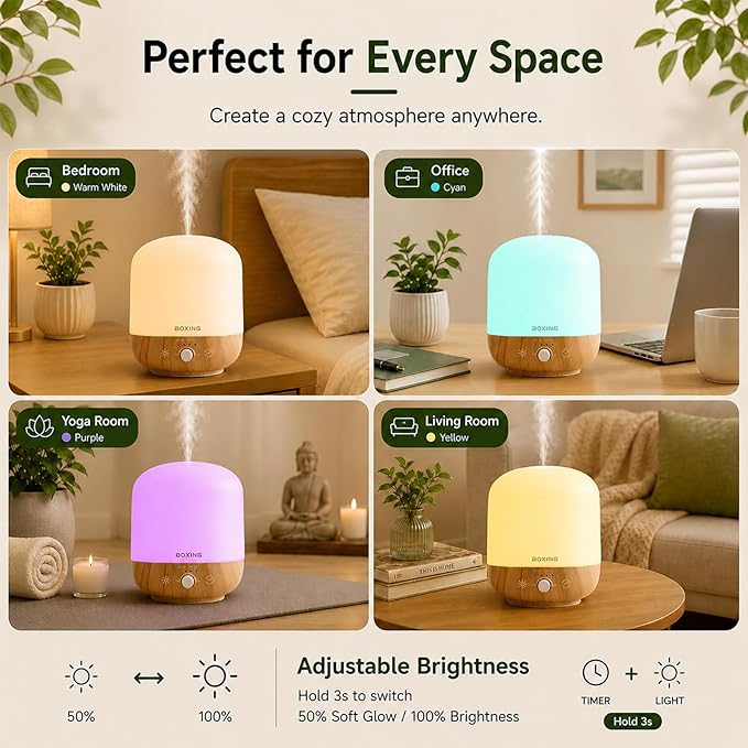 Essential Oil Diffuser 300ML for Bedroom & Large Room, Up to 24 Hours Runtime, Aromatherapy Diffuser with Auto Shut-Off, 28dB Whisper Quiet, 7 Color Night Light, Wood Grain Diffuser by BOXING