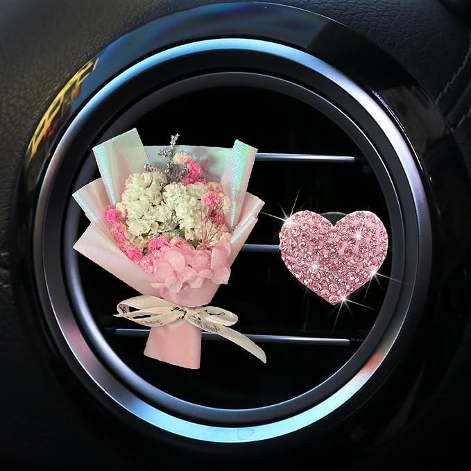 Mini Dried Flowers + Heart Car Vent Clips-Decorative Air Outlet Bouquets with Floral Scent,Fragrance Diffusers for Vehicle Interior Decor,Automotive Air Freshener Decorations (Pink, Random fragrance)