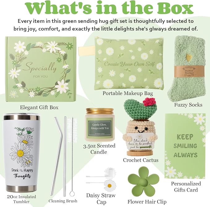 Gift Basket for Women - Unique Self Care & Birthday Gift Set for Her, Bestie, Sister, Teen Girl | Inspirational Green Friendship Gift Box, Get Well Soon & Thinking of You Gift - Brighten Her Day
