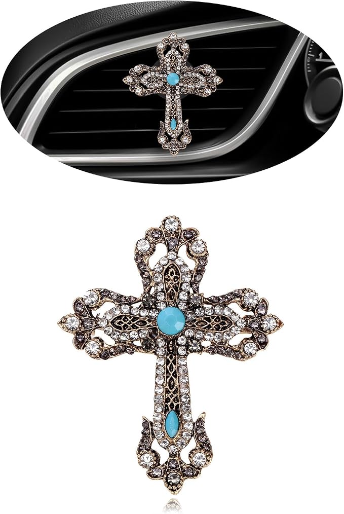 ORIESSE Cross Car Decor,Vintage Cross Air Vent Clips Car Freshener,Bling Rhinestone Turquoise Accent Auto Interior Dashboard Decorations Accessories,Refillable Diffuser