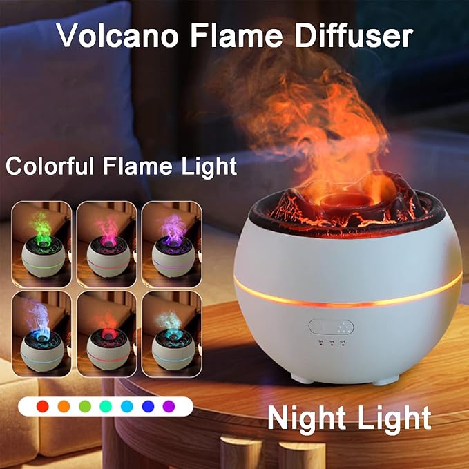 YALEDI Essential Oil Diffuser, Volcano Flame Fire Oil Diffuser, 360ml Ultrasonic Cool Mist Aromatherapy Humidifier, Scent Diffuser with 7 Colors Light, Timer & Auto Shut-Off for Home, Room (White)