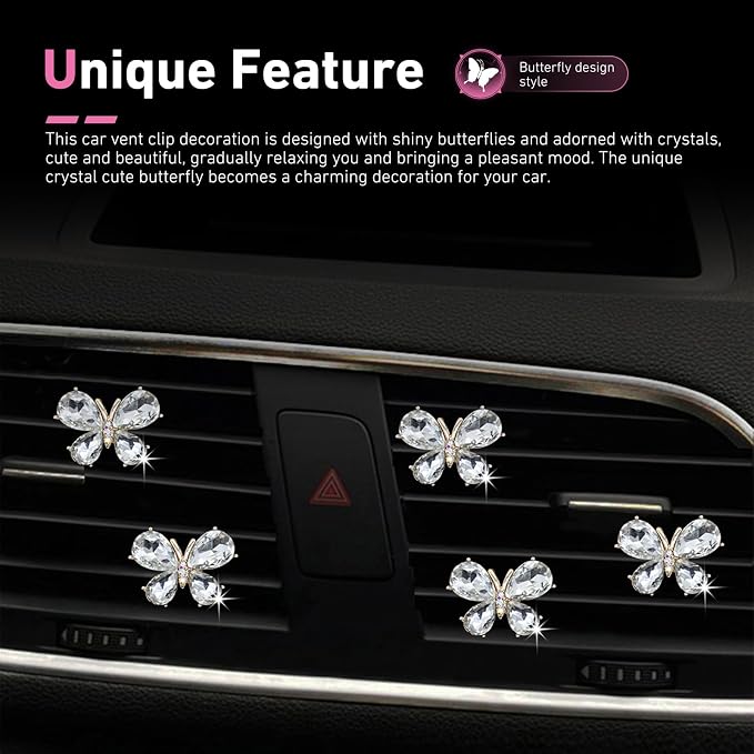 5PCS Bling Butterfly Car Air Vent Clips, Rhinestone-studded Vehicle Vent Trim Decor Accessories, Cute Creativity Crystal Butterfly Diffuser, Universal for Most Vehicles (White)