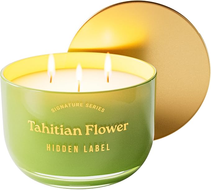 Hidden Label Tahitian Flower Scented Candles, 3 Wick Aromatherapy Soy Candle, 18oz/70-Hour Burn, Non Toxic Natural Green Candle, Luxury Home Scent & Décor Gift for Women and Men
