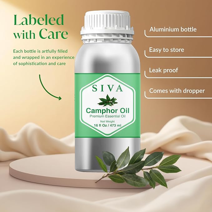 Siva Camphor Essential Oil - 16 Fl Oz – 100% Natural Camphor Oil - for Diffuser, Face, Skin Care, Aromatherapy, Hair Care, Scalp and Body Massage