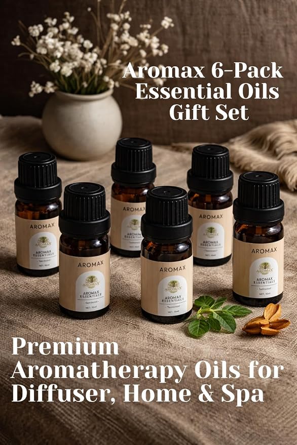 Aromax 6 Pack Essential Oils Gift Set Lavender, Mint, Sandalwood, Teakwood, Tea Tree & Gardenia for Relaxation, Sleep & Stress Relief Aromatherapy Oils for Diffuser, Spa, Home, Meditation & Self-Care