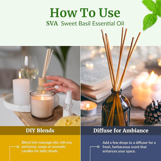 SVA Sweet Basil Essential Oil – 4 Fl Oz – 100% Natural Basil Oil - for Diffuser, Hair Care, Face, Skin Care, Aromatherapy, Scalp and Body Massage, Soap and Candle Making – with Dropper