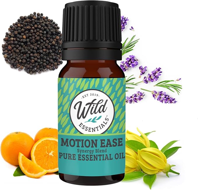 Wild Essentials Motion Ease 100% Pure Essential Oil Synergy Blend, 10ml, Formula for Motion Sickness, Nausea, Upset Stomach, Vertigo, Dizzy, seasick, carsick. Made and Bottled in The USA (1)