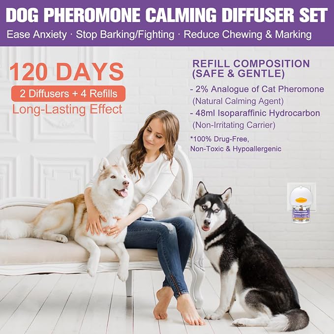Dog Pheromone Calming Diffuser for Dogs, 4×48ml Refills & 2×Diffusers, Anxiety Relief for Separation, Thunder, Fireworks, Stop Barking, Chewing & Marking, Safe for Pets & Home