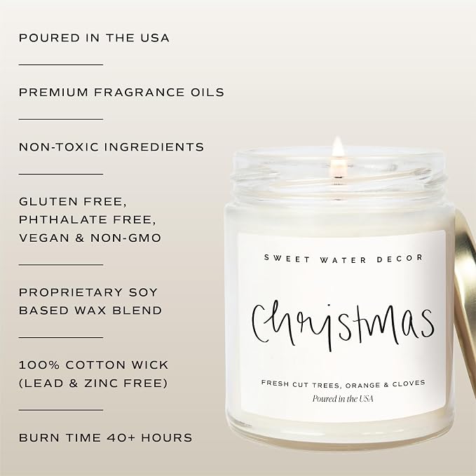 Sweet Water Decor Christmas Scented Candle - Cinnamon, Trees, Orange, and Clove Scented Winter Candle - Christmas Candles and Decor for Home - 9oz. Clear Jar Soy Candle, Made in the USA