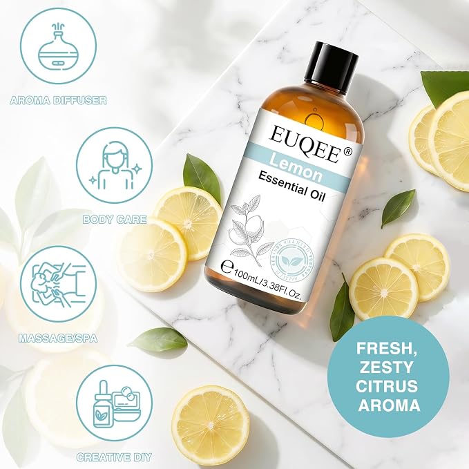 EUQEE 100ml Lemon Essential Oil, Pure Lemon Essential Oil for Diffuser, Massage, DIY Soap,Candle Making, Skin & Hair Care - 3.38 Fl Oz