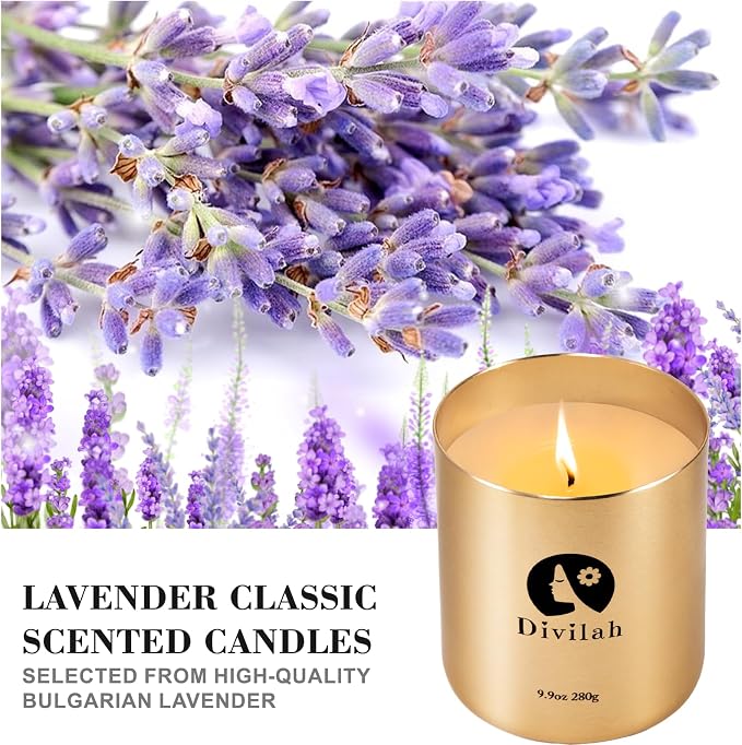Lavender Scented Candles, 65 Hour Long Lasting Non Toxic Natural Soy Wax in Gold Aluminum Jar, Luxury Large Home Decorative Scented Candle, Relaxing Aromatherapy Gift for Women & Men, 9.9oz