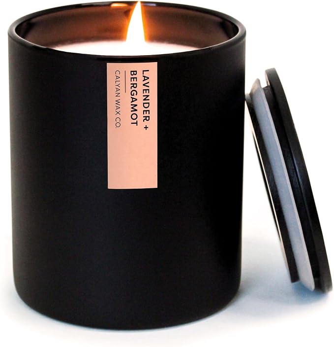 Calyan Wax Co. Lavender & Bergamot Scented Candle - 75 Hour Burn - Luxury Clean Soy Wax Candles - Long Lasting Black Tumbler Jar Candle for Home - 10.2oz