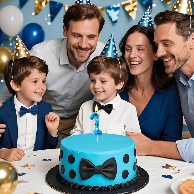 Number 1 Birthday Candle for Cake – Blue Gentleman Style with Sunglasses, Bow Tie & Mustache Design – Cool Cake Topper for Birthday Party Decoration