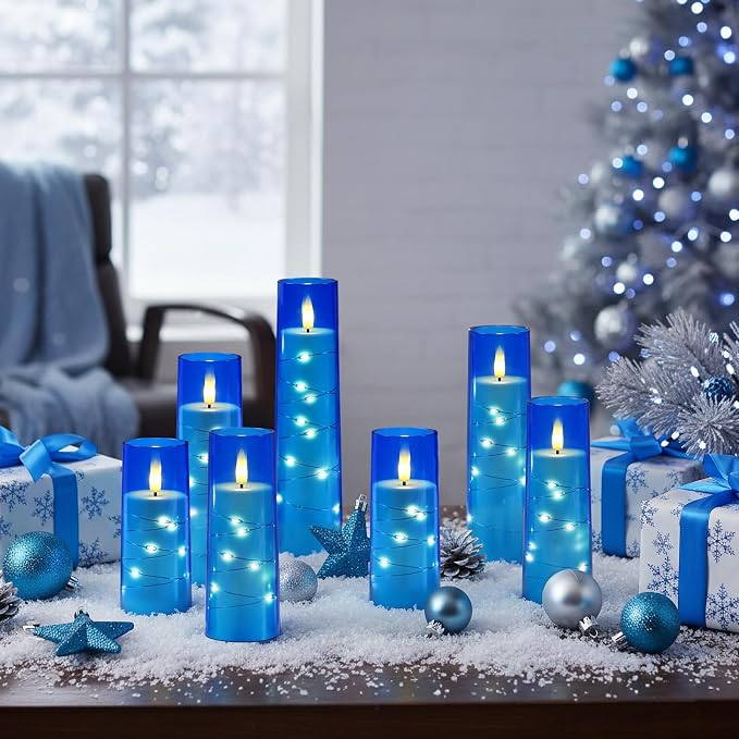 Raycare Independence Day Flameless Candle with Remote Timer – 5 Flickering Acrylic Battery Operated LED Pillar Candles with Embedded Star String for 4th of July Home Patriotic Decor, as a Gift (Blue)