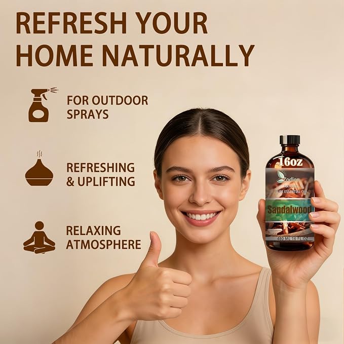 Sandalwood Essential Oil - Sandalwood Fragrance Oil for Diffuser, Massage, Humidifier, DIY Candle, Soap Making, Home, Bath, Yoga - 16 fl oz (480ml) - ZODION Essential Oils
