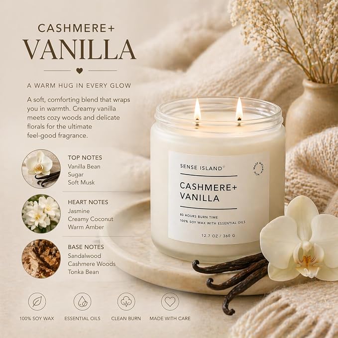 Cashmere Vanilla Large 12.7 OZ Scented Candle for Home Scented 80 Hrs Highly Scented Creamy Velvet Vanilla Cashmere | 100% Natural Soy Candle Gifts for Women Vanilla Candles for Cozy Home