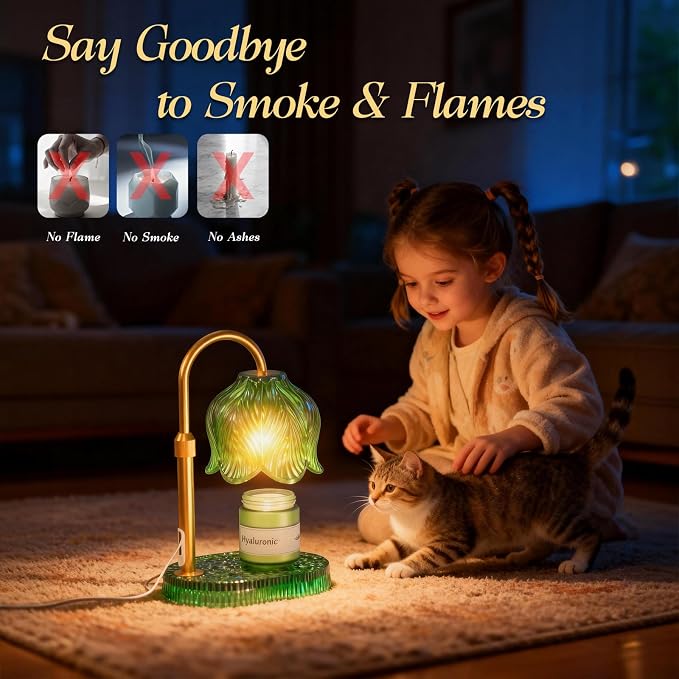 Candle Warmer Lamp with Adjustable Height - Flameless 4-Level Dimmable Wax Warmer, Timer Function & Stylish Design in Multiple Colors (Green)
