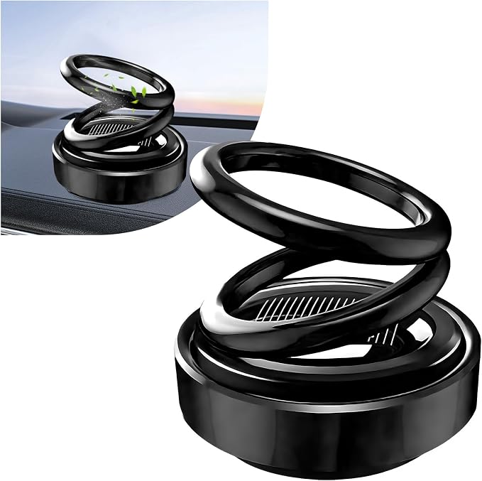 Solar Rotating Car Air Freshener, Solar Energy Refillable Car Dashboard Aromatherapy Ornament, Double Ring Fragrance Diffuser Decorative Accessories for Vehicle Home Office (Black)
