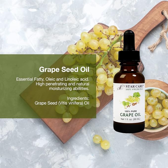 100% Pure Grape Seed Oil for Skin, Hair & Face. Cold Pressed Vitis Vinifera Carrier Oil with Vitamin E & Essential Fatty Acids, Natural Moisturizer for Body & Scalp Massage, 1 fl oz (30ml)