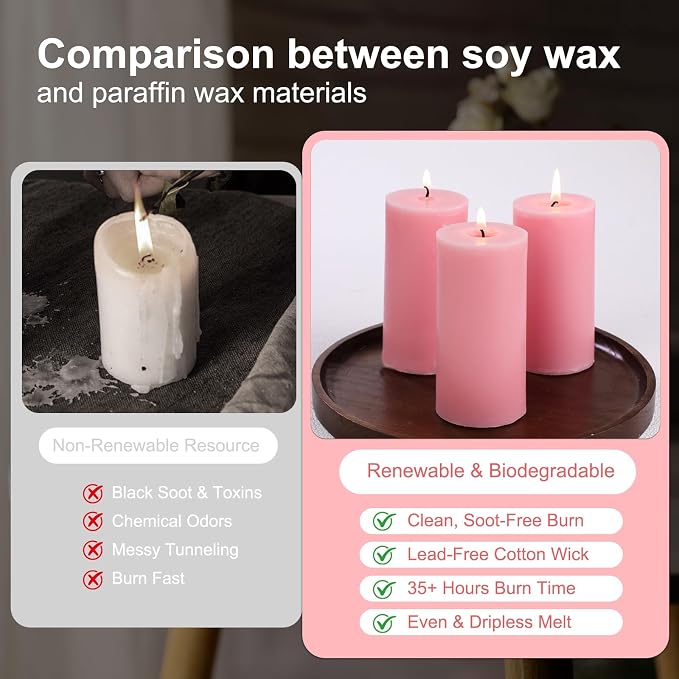 Pink Rose Scented Pillar Candles Set of 3, Soy Candles for Mother's Day,105 Hours Aromatherapy Candle Clean Burning for Bathroom Living Room,2x4 inch