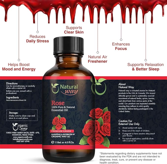 Rose Essential Oil | Pure Aromatherapy Oil for Diffusers, Hair Growth, Skin, Scalp Care, Massage | Refreshing Hair Oil for Women & Men | Natural Essential Oil for Diffuser | 4 Fl Oz (120 mL)