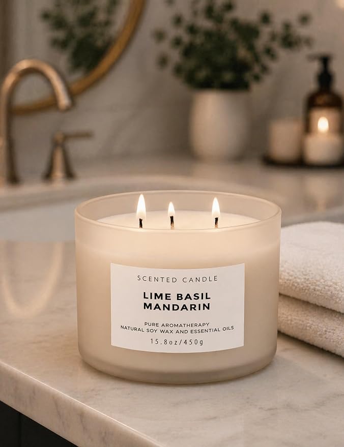 Lime Basil Mandarin 3-Wick Soy Candle | 15.8 oz Large Scented Candle for Home | Clean Burn Long Lasting | Fresh Herbal Citrus Scent | Gift Ready