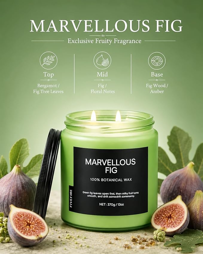 Fig Tree Home Scented Candles, 13oz Organic Soy Wax, 76-Hour Clean Burning, Natural Candles Non Toxic, Earthy & Fruity Scent for Relaxation, Aromatherapy Housewarming Candle for Men Women