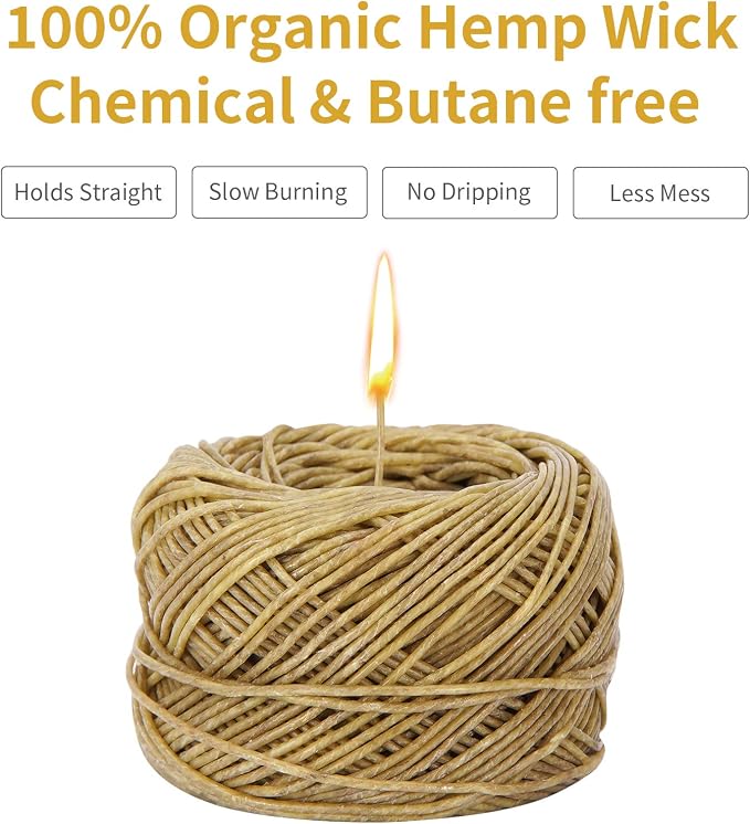 CHEFBEE 200 FT Organic Hemp Wick, Well Coated Natural Beeswax for Hemp Wick Lighter or Candle Making, Slow Burn, No Dripping, Standard Size(1.1mm)