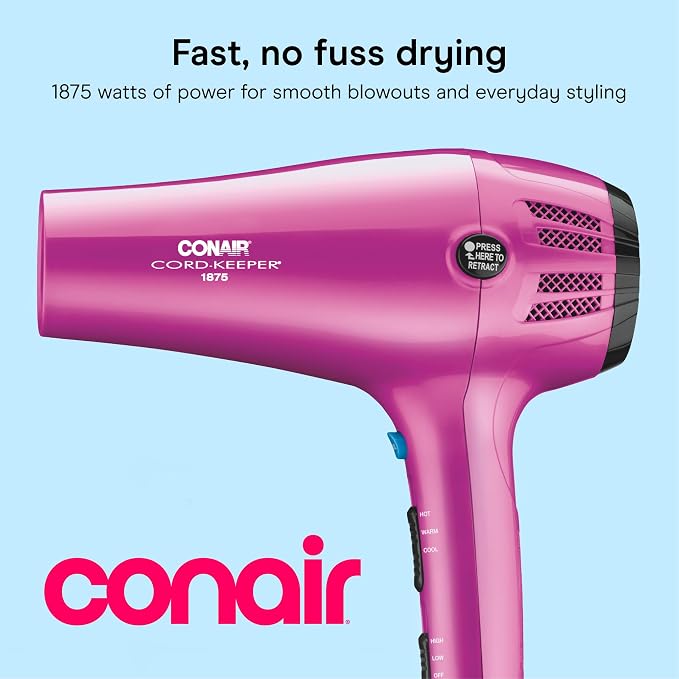 Conair Cord Keeper Hair Dryer | 1875W, Retractable Cord, for Multiple Hair Types, Includes Diffuser and Concentrator, Pink, 209BCX