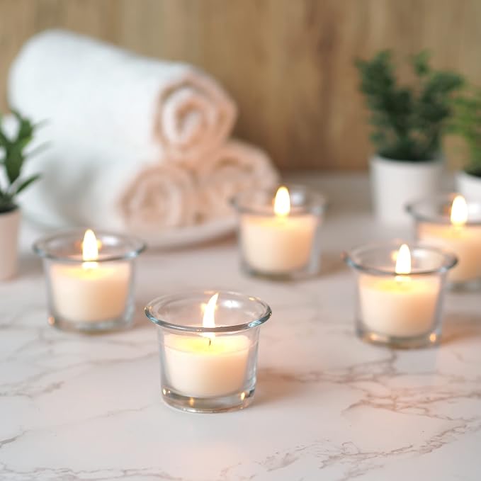 HOSLEY Oyster Cup Clear Glass Filled Candles 48 Pack Ivory Hand Poured Unscented Wax Candles for Home Restaurants Shabbat Church Weddings Romantic Moments Party Spa Meditation