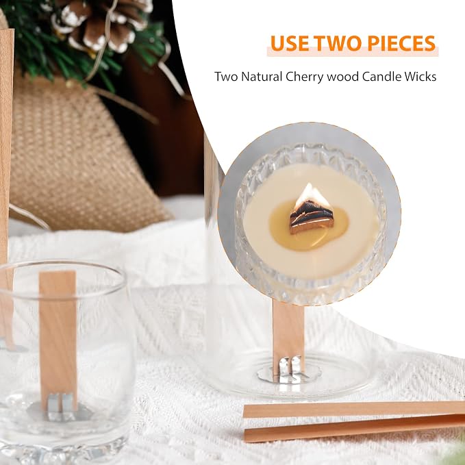 Smokeless Cherry Wood Candle Wicks Set, 100 PCS | Long Lasting Flame, Easily Burn, Candle Cores with Stand and Glue Dot, Warning Label for DIY Candle Making