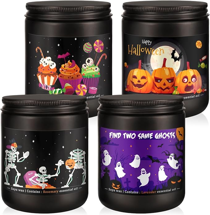 4 Pack 8Oz Halloween Scented Candles for Home Scented Aromatherapy Candles, Soy Wax Autumn Candle Gift Set for Women Men，Home Decoration，Themed Party Decor