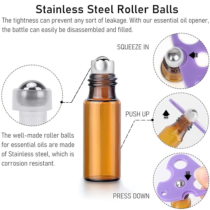 Easytle Essential Oil Roller Bottles, 24 Pack Amber Glass Balls Roller Bottles 5ml for Essential Oils, Roll on Bottle (96 Pieces Labels, 4 Funnels, 4 Dropper, 2 Opener)