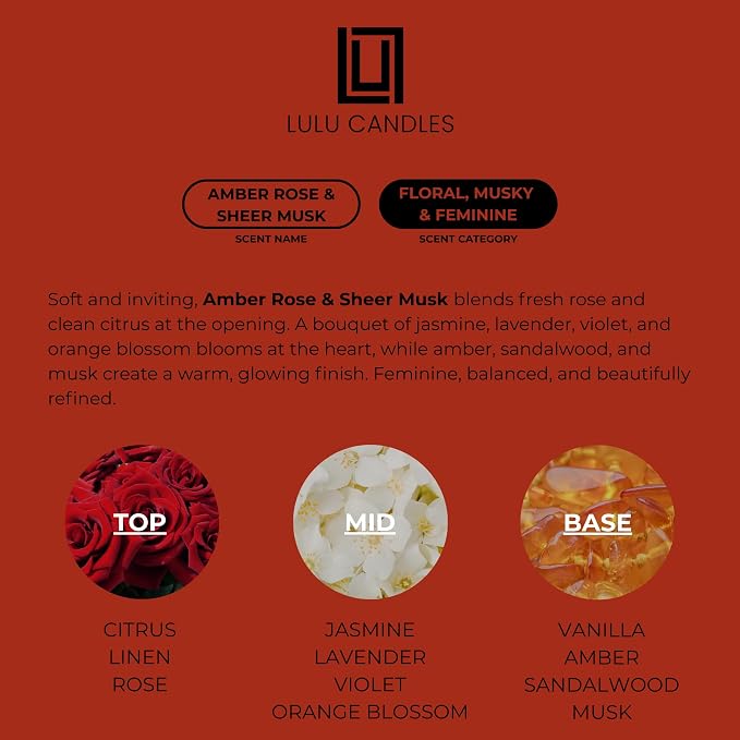 Lulu Candles | Amber, Rose & Sheer Musk II | Luxury Scented Soy Jar Candle | Hand Poured in The USA | Highly Scented & Long Lasting- 9 Oz.