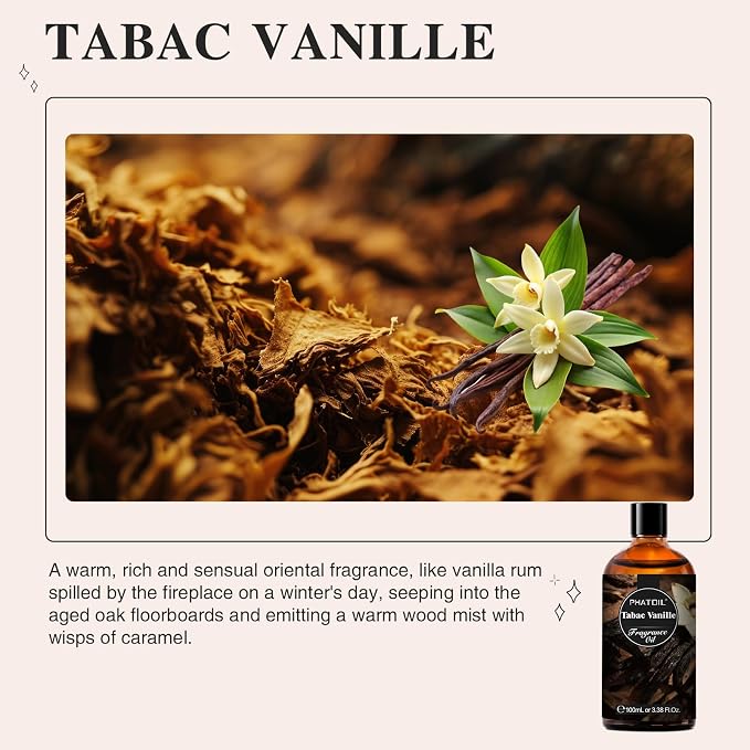 PHATOIL 3.38FL.OZ Tabac Vanille Fragrance Oils for Aromatherapy, Essential Oils for Diffusers for Home, Perfect for Diffuser, Yoga, Skin Care, DIY Candle and Soap Making - 100ml