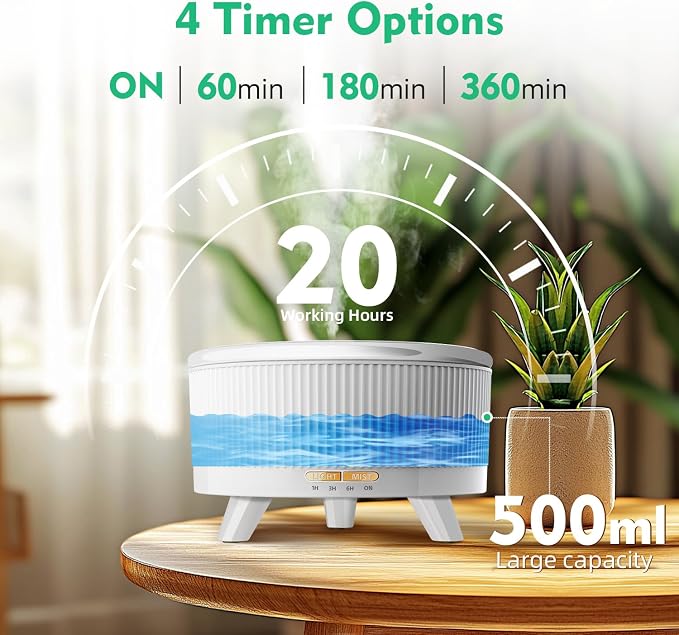 500ML Large Capacity Essential Oil Diffuser, Ultrasonic Aromatherapy Diffuser with 7 Color LED Lights with Remote Control, Cool Mist Humidifier, Timed Mist, Auto Shut-Off (Pure White)