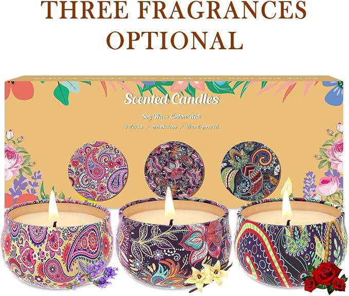 3 Pack Home Scented Candles - Strong Lavender, Vanilla & Rose Candle, 2.5 Oz, 100% Soy, Non-Toxic, Small Candle Set for Aromatherapy & Gifts, Baby Shower Prizes