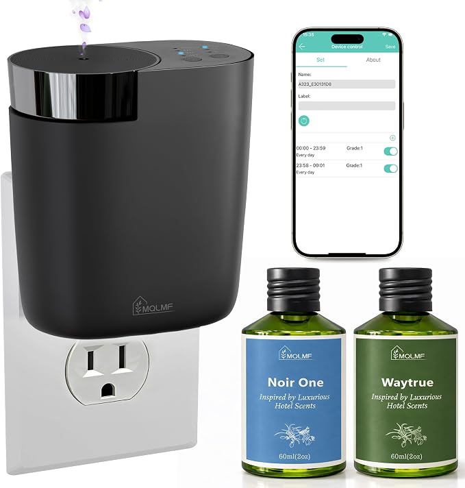 Waterless Plug in Diffuser, 800 Sq Ft, No Wobble Secure Wall Fit, Adjustable Timer & Scent Intensity,App Control,Essential Oil Plug in Wall Diffuser, Includes 3 x 20ml Fragrance Oils - Black