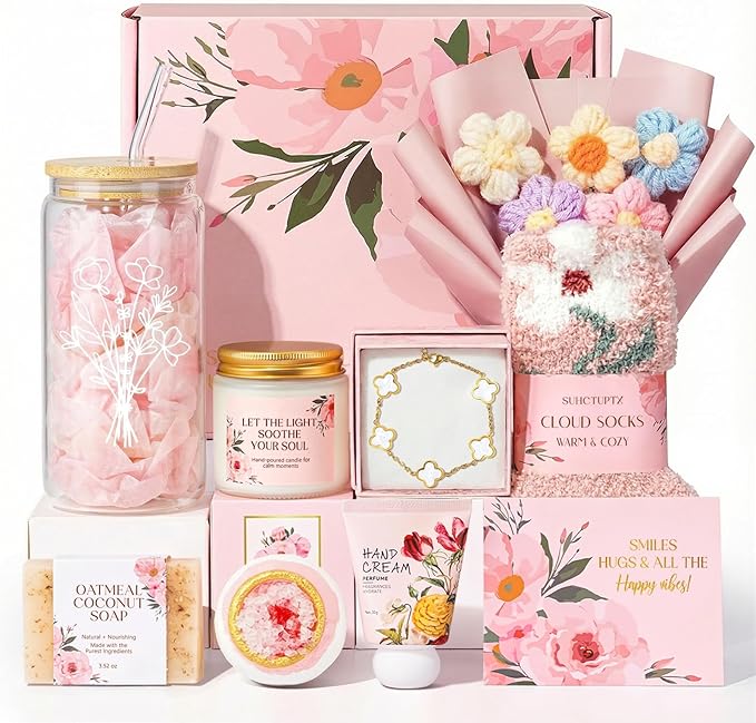 Gifts for Women, 9pcs Happy Birthday Gifts for Women, Christmas Ideas Mothers Day Gift Baskets Unique Rose Self Care Set Valentines Day Gift for Her Mom Sister Wife Friend Friendship Teacher