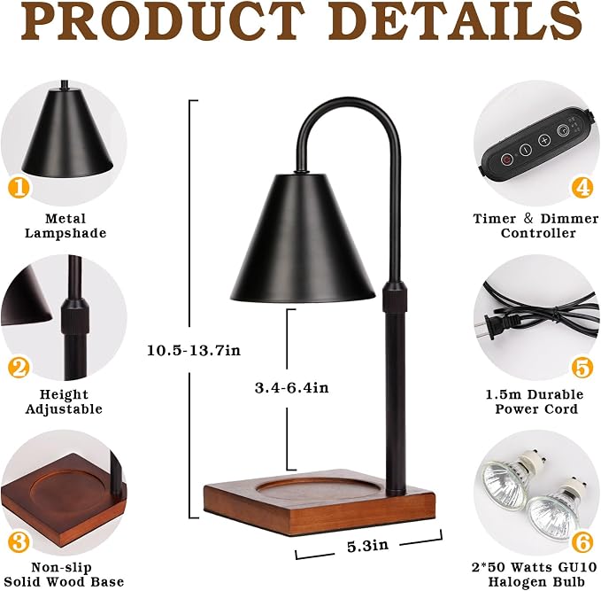 Modern Candle Warmer Lamp with Timer, Dimmable Candle Lamp Warmer, Mothers Day Birthday Gifts for Women Men, Black Candle Warmer, Adjustable Candle Light Warmer, Cozy Living Room Bedroom Home Decor
