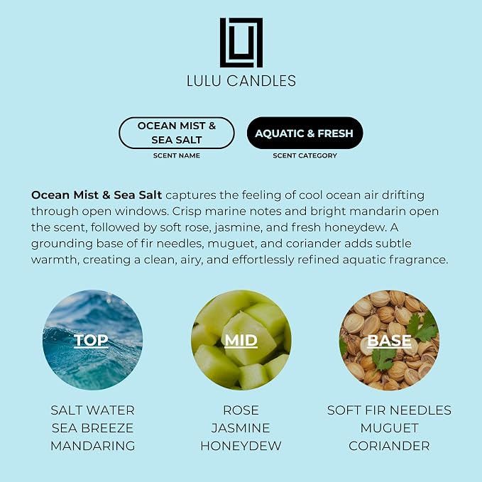 Lulu Candles | Ocean Mist & Sea Salt | Luxury Scented Soy Jar Candle | Hand Poured in The USA | Highly Scented & Long Lasting- 9 Oz.
