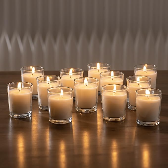 Housecret 48 Pack Warm White Unscented Clear Glass Filled Votive Candles. Hand Poured Wax Candle Ideal Gifts for Aromatherapy Spa Weddings Birthdays Holidays Party